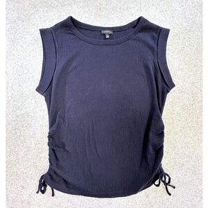 Talbots Sleeveless Top Women S Navy Blue Excellent Ruched Side Tie Textured Knit